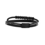 Bracelet en acier et cuir 2 rangs avec tresse noire et perles noires double fermoir 19cm + 1cm