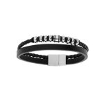 Bracelet en acier et cuir 2 rangs avec tresse noire et perles acier double fermoir 20cm + 1cm