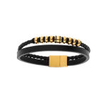 Bracelet en acier et cuir 2 rangs avec tresse noire et perles jaunes double fermoir 20cm + 1cm