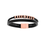 Bracelet en acier et cuir 2 rangs avec tresse noire et perles roses double fermoir 20cm + 1cm