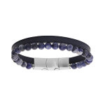 Bracelet en acier et cuir bleu avec perles sodalite 6mm 19. 5cm + 1cm double fermoir
