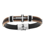 Bracelet en acier et cuir bovin marron et cordon noir avec croix - 20. 5cm réglable Bracelet en acier et cuir bovin marron et cordon noir avec croix - 20. 5cm réglable