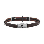 Bracelet en acier et cuir bovin marron croix pvd noir et cordon noir - 20. 5cm Bracelet en acier et cuir bovin marron croix pvd noir et cordon noir - 20. 5cm