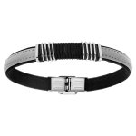 Bracelet en acier et cuir gris d�coration cordon noir entour� r�glable 21cm