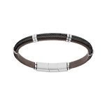 Bracelet en acier et cuir bovi marron double c�ble noir - 20cm + 1cm double fermoir aimant�