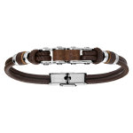 Bracelet en acier et cuir marron �l�ments bois r�glable 20cm