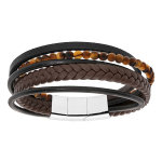 Bracelet en acier et cuir tons marron et noir avec boules oeil de tigre double fermoir 20cm Bracelet en acier et cuir tons marron et noir avec boules oeil de tigre double fermoir 20cm