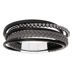 Bracelet en acier et cuir tons marron noir et gris avec boules métalisées double fermoir 20cm Bracelet en acier et cuir tons marron noir et gris avec boules métalisées double fermoir 20cm