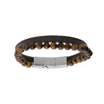 Bracelet en acier et cuir marron avec perles oeil de tigre 6mm 19. 5cm + 1cm double fermoir