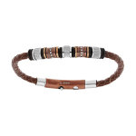Bracelet en acier et cuir marron perles en pvd noir et rose 21, 5cm rglable 19cm