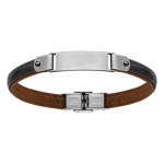 Bracelet en acier et cuir marron avec plaque lisse au milieu - longueur 20cm