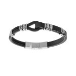 Bracelet en acier et cuir noir boucle sur le dessus et éléments torsadés 20cm + 1cm double fermoir Bracelet en acier et cuir noir boucle sur le dessus et éléments torsadés 20cm + 1cm double fermoir
