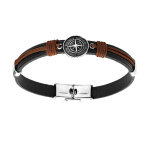 Bracelet en acier et cuir noir corde marron entourant la boussole longueur 20, 5cm r�glable