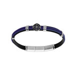 Bracelet en acier et cuir noir, cordon bleu et pastille motif roue 20 + 1cm double fermoir Bracelet en acier et cuir noir, cordon bleu et pastille motif roue 20 + 1cm double fermoir