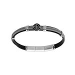 Bracelet en acier et cuir noir, cordon gris et pastille motif roue 20 + 1cm double fermoir Bracelet en acier et cuir noir, cordon gris et pastille motif roue 20 + 1cm double fermoir
