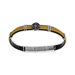 Bracelet en acier et cuir noir, cordon jaune et pastille motif roue 20 + 1cm double fermoir Bracelet en acier et cuir noir, cordon jaune et pastille motif roue 20 + 1cm double fermoir