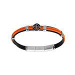 Bracelet en acier et cuir noir, cordon orange et pastille motif roue 20 + 1cm double fermoir Bracelet en acier et cuir noir, cordon orange et pastille motif roue 20 + 1cm double fermoir