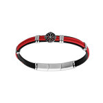 Bracelet en acier et cuir noir, cordon rouge et pastille motif roue 20 + 1cm double fermoir Bracelet en acier et cuir noir, cordon rouge et pastille motif roue 20 + 1cm double fermoir