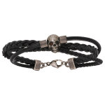 Bracelet en acier et cuir noir cordon tresse pu tte de mort 21cm