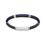 Bracelet en acier et cuir noir double c�ble bleu double fermoir aimant�