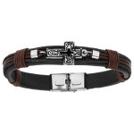 Bracelet en acier et cuir noir et marron avec croix 20, 5cm rglable