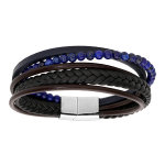 Bracelet en acier et cuir noir multi bracelets avec boules bleues - double fermoir 20cm Bracelet en acier et cuir noir multi bracelets avec boules bleues - double fermoir 20cm