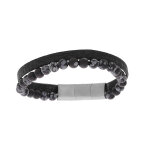 Bracelet en acier et cuir noir et perles en onyx 6mm 19. 5cm + 1cm double fermoir