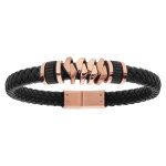 Bracelet en acier et cuir noir tress et fantaisie dorure rose 20, 5cm