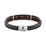 Bracelet en acier et cuir noir v�ritable avec tranche orange avec cordon 21cm r�glable