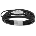 Bracelet en acier et cuir plusieurs rangs noir avec plume 20, 5cm Bracelet en acier et cuir plusieurs rangs noir avec plume 20, 5cm
