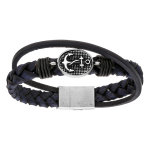 Bracelet en acier et cuir tressé bleu avec ancre marine patinée - 22cm fermoir aimanté Bracelet en acier et cuir tressé bleu avec ancre marine patinée - 22cm fermoir aimanté