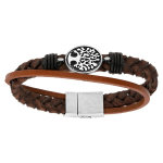 Bracelet en acier et cuir tressé marron avec médaillon arbre de vie patinée - 22cm fermoir aimanté Bracelet en acier et cuir tressé marron avec médaillon arbre de vie patinée - 22cm fermoir aimanté