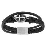 Bracelet en acier et cuir tressé noir avec croix patinée - 22cm fermoir aimanté Bracelet en acier et cuir tressé noir avec croix patinée - 22cm fermoir aimanté