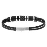 Bracelet en acier et cuir tress noir avec grosses perles noires 20cm