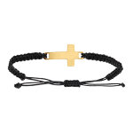 Bracelet en acier dor� croix 25mm cordon noir coulissant