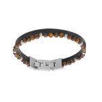 Bracelet en acier double cuir marron et perles oeil de tigre 19cm et double fermoir 20, 5cm