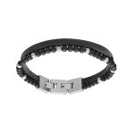 Bracelet en acier double cuir marron et perles onyx 19cm et double fermoir 20, 5cm