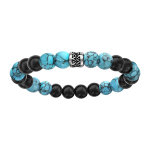 Bracelet en acier élastique perles bois noires et turquoise imitation motif patiné Bracelet en acier élastique perles bois noires et turquoise imitation motif patiné