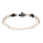 Bracelet en acier elastique perle de culture d'eau douce blanche - 6mm irr�gulier - et deux boules 6mm ...