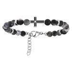 Bracelet en acier avec perles d'agate grise avec croix sur le dessus 19 + 2cm
