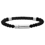 Bracelet en acier avec perles noir et cuir noir tress 20, 5cm