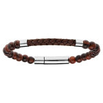 Bracelet en acier avec perles en oeil de tigre et cuir marron tress 20, 5cm
