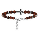 Bracelet en acier avec perles oeil de tigre grenat et croix sur le dessus 19 + 2cm