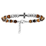Bracelet en acier avec perles en oeil de tigre marron et croix sur le dessus 19 + 2cm
