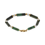 Bracelet en acier et pvd dor jade verte et perle blanche de culture d'eau douce vritable 16 + 3cm