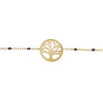 Bracelet en acier et pvd jaune cha�ne avec olives couleur noire et pastille arbre de vie 16 + 3cm