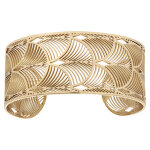 Bracelet en acier pvd jaune manchette motif  plume de paons
