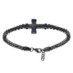 Bracelet en acier pvd noir maille gourmette avec croix pvd noir et bleu - 19. 5 + 3cm