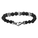 Bracelet en acier avec boules en pierre de lave noire mat et 3 tte de mort - longueur 22cm