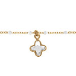 Bracelet en argent dor� boules r�sine blanche et pampille tr�fle cristal blanc - 15 + 3cm